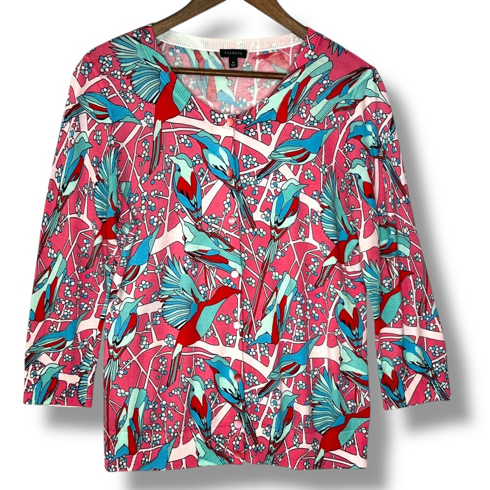 Talbots Womens Cardigan Sweater M‎ Pink Blue Bird Novelty Button Artsy Whimsical